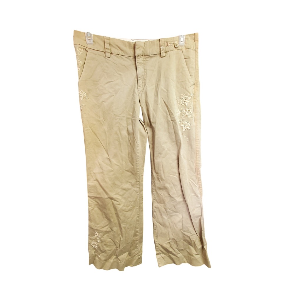 American Eagle Khaki Pants Womens 12 Petite Embroidered Beaded Tan Straight Leg